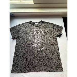 Western Inspired Johnny Cash Leopard Print Graphic T-Shirt Grey Black Large